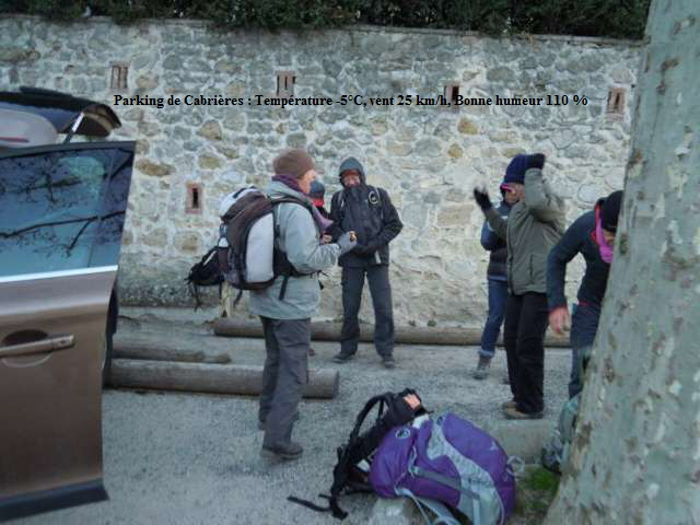 Parking de Cabrires : Temprature -5C, vent 25 km/h, Bonne humeur 110 %